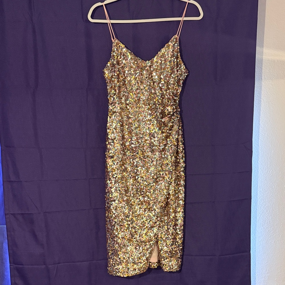 Black Halo Gold Sequin Midi Dress